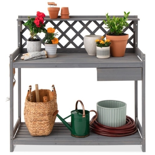 Wooden Garden Potting Bench Workstation w/ Cabinet Drawer, Open Shelf - Lot 311