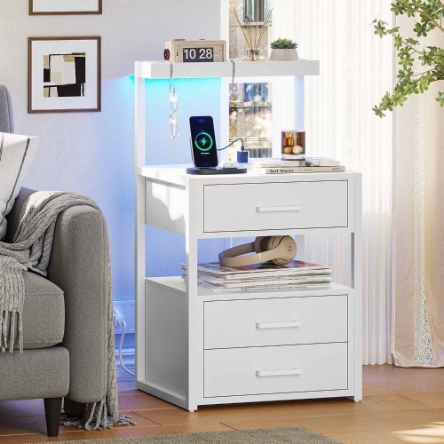 LED Nightstand With Charging Station 3 Drawers White  - Lot 419