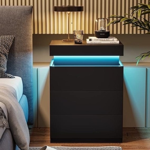 Nightstand with Sliding Top Charging Station and LED Lights Black  - Lot 513
