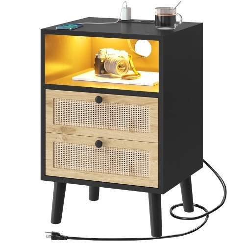 Rattan Nightstand with Charging Station, USB Ports, LED  - Lot 514