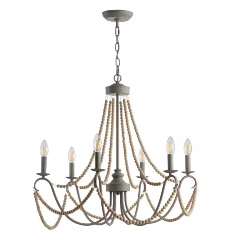 JONATHAN Y Rustica 6-Light 27 in. Grey/Natural Adjustable Greige Metal/Wood Bead LED Chandelier - Lot 719