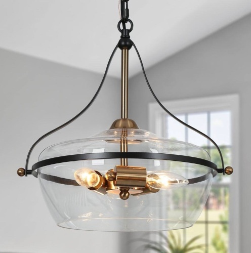 Zevni 14 in. Modern 3-Light Brass Gold Chandelier Light, Black Bowl Hanging Pendant with Clear Glass - Lot 819