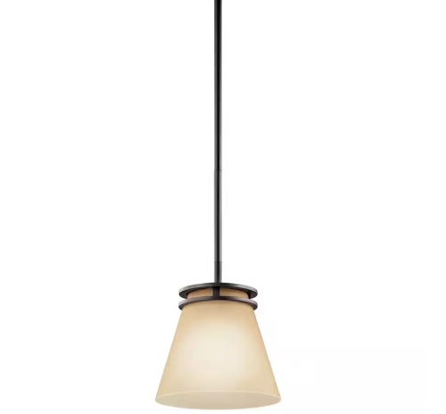 KICHLER Hendrik 8.75 in. 1-Light Olde Bronze Contemporary Shaded Kitchen Mini Pendant Hanging Light with Etched Glass - Lot 912