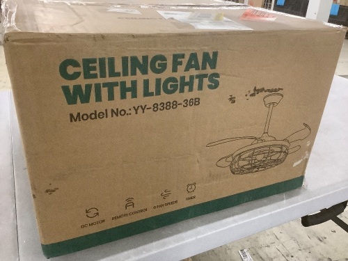 36 in. Indoor Farmhouse Black Caged Ceiling Fan with Lights and Remote Retractable Blades Fandelier - Lot 1012