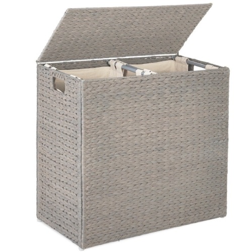 Large Water Hyacinth Double Laundry Hamper Basket w/ 2 Liner Bags - Lot 1197