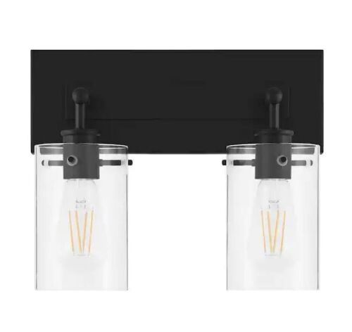 Lot of (2) Hampton Bay Regan 12.75 in. 2-Light Matte Black Bathroom Vanity Light with Clear Glass Shades - Lot 1083