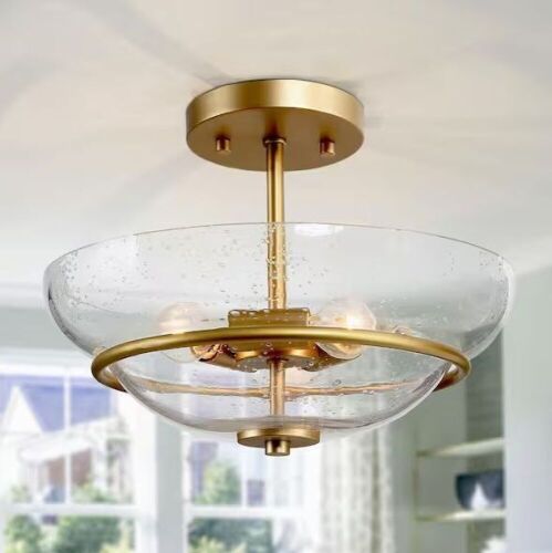 Uolfin Mid-Century Modern Bowl Ceiling Light 3-Light Coastal Brass Gold Semi-Flush Mount Light with Seeded Glass Shade - Lot 1084