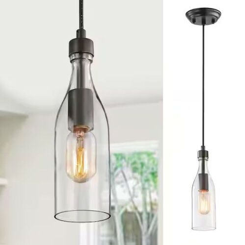 LNC Vino Mini Pendant Light 1-Light Modern Glass Pendant Light with Dark Bronze Metal Finish and Glass Bottle Design - Lot 1087