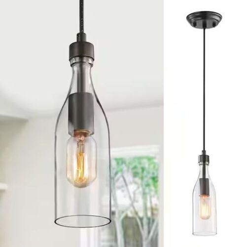 LNC Vino Mini Pendant Light 1-Light Modern Glass Pendant Light with Dark Bronze Metal Finish and Glass Bottle Design - Lot 1088