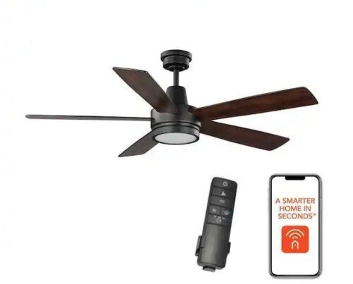 Hampton Bay Fanelee 54 in. White Color Changing LED Matte Black Smart Ceiling Fan with Light Kit and Remote  - Lot 1098