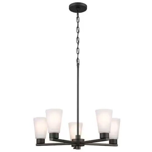 KICHLER Stamos 24 in. 5-Light Black Modern Shaded Circle Dining Room Chandelier with Satin Etched Glass Shades - Lot 274