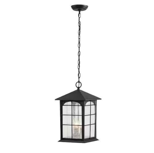 Brimfield 3-Light Aged Iron Outdoor Hanging Lamp with Clear Seedy Glass - Lot 275