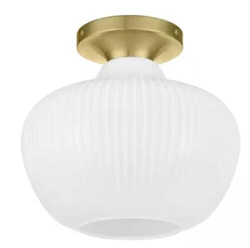 Home Decorators Collection Pompton 12 in. 1-Light Gold Semi-Flush Mount Ceiling Light Fixture with White Ribbed Glass - Lot 276