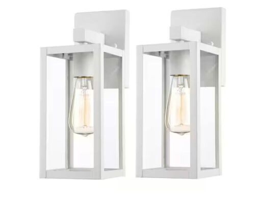 Hukoro Martin 13.5 in. 1-Light White Hardwired Outdoor Wall Lantern Sconc, 2-Pack - Lot 375
