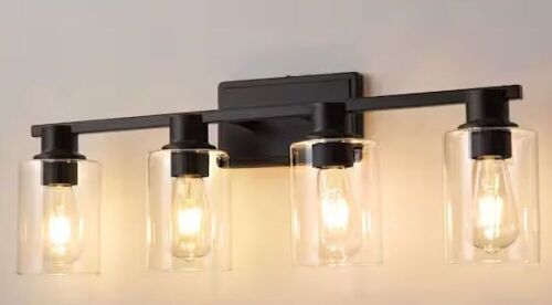 Deyidn Farmhouse 27.36 in. 4-Light Black Modern Industrial Indoor Vanity Light with Clear Glass Shades - Lot 323