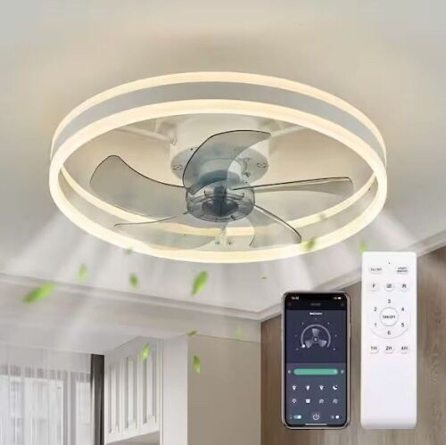 20 in. LED Indoor White Ceiling Fan with Modern Flush Mount with Light App Remote Control and Dimmable Lighting - Lot 324