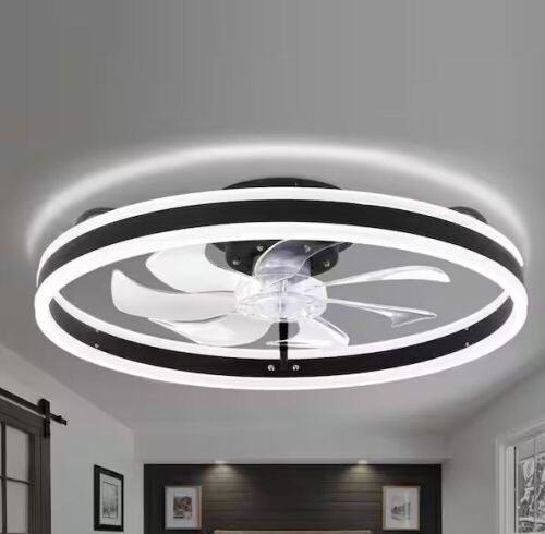 Oaks Aura 20in. LED Indoor Black Bladeless Low Profile Ceiling Fan Flush Mount Smart App Remote Control Dimmable Lighting - Lot 404