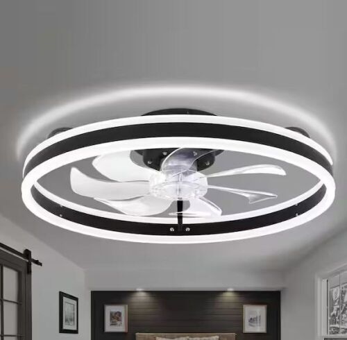 Oaks Aura 20in. LED Indoor Black Bladeless Low Profile Ceiling Fan Flush Mount Smart App Remote Control Dimmable Lighting - Lot 522