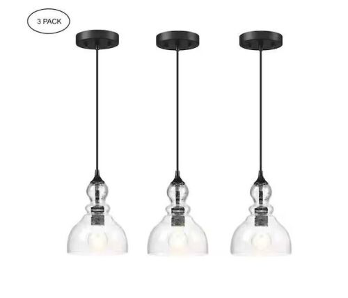 Hukoro 1-Light Kitchen Island Teardrop Seeded Glass Pendant with Matte Black Finish, 3-Pack - Lot 525