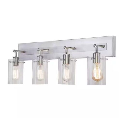Hampton Bay Regan 29.13 in. 4-Light Brushed Nickel Bathroom Vanity Light with Clear Glass Shades - Lot 530