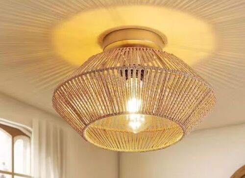 SILJOY 12.6 in Boho Rattan 1-Light Ceiling Flush Mount Light Rattan Cage Shade Ceiling Light - Lot 533
