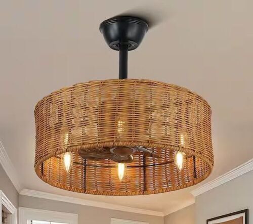 Oaks Aura Cora 20 in. Indoor Brown Rattan Wicker Scandi-Style Ceiling Fan with Lights, Zen-inspired 3- Speed Ceiling Fan w/Remote - Lot 534