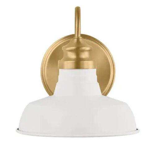 Lot of (2) Hampton Bay Elmcroft 7.63 in. 1-Light Brushed Gold Farmhouse Wall Sconce with Designer White Metal Shade - Lot 623