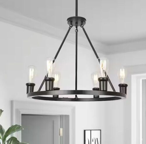GoYeel 6-Light Farmhouse Matte Black Wagon Wheel Rustic Dry Rated Chandelier - Lot 624
