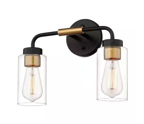 JAZAVA 14 in. 2 Light Black and Gold Vanity Light with Clear Glass Shade - Lot 626