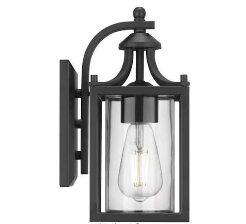 Hampton Bay Boswell Quarter 12.12 in. 1-Light Matte Black Hardwired Outdoor Transitional Wall Lantern Sconce with Clear Glass Shade - Lot 632