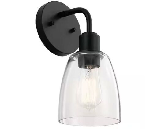 KICHLER Meller 11 in. 1-Light Black Bathroom Indoor Wall Sconce Light with Clear Glass - Lot 637