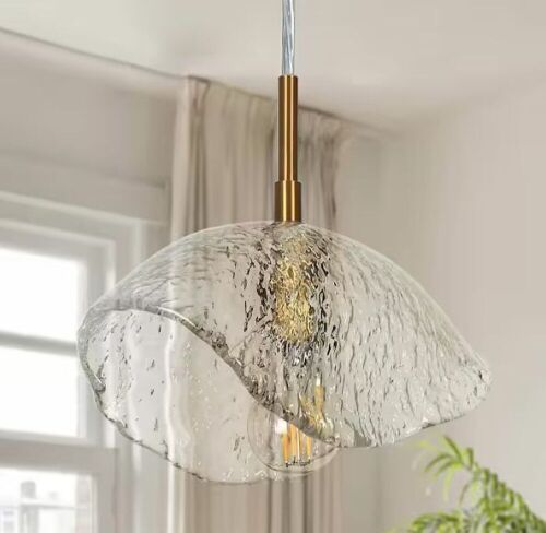 Uolfin Modern 1-Light Plated Gold Hanging Pendant Light with Textured Glass Shade - Lot 638
