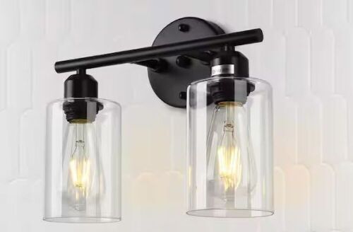GoYeel 12.99 in. 2 Lights Modern/Industrial Black Bathroom Vanity Light with Cylinder Glass Shade - Lot 945