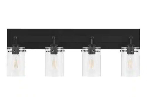 Hampton Bay Regan 29.25 in. 4-Light Matte Black Bathroom Vanity Light with Clear Glass Shades - Lot 425