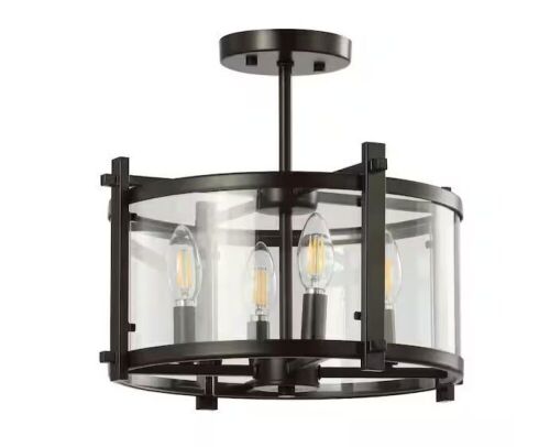 JONATHAN Y Hampdon 15 in. Oil Rubbed Bronze Iron/Glass Modern Drum LED Flush Mount - Lot 427
