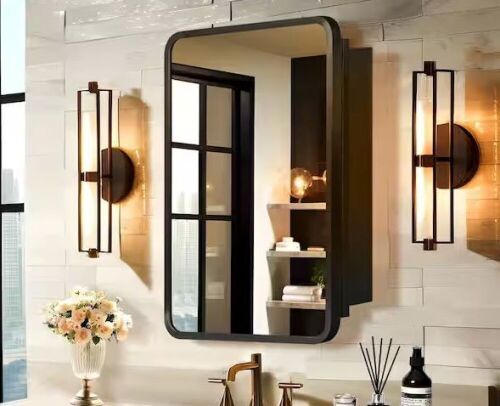Lirago 16 in. W x 24 in. H Rectangular Recessed Surface Mount Medicine Cabinet Mirror Black - Lot 437