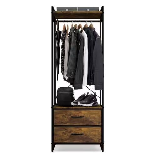 Sorbus Rustic Brown Steel Clothes Rack with Fabric Drawers and Wood Top 15.25 in. W x 70 in. H - Lot 1034