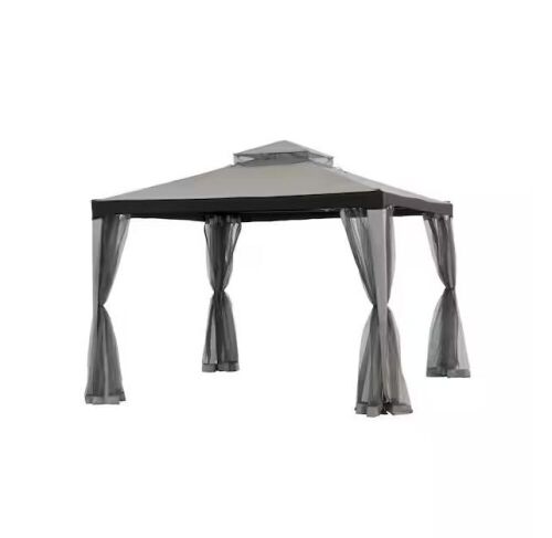 Sunjoy 10 ft. x 10 ft. Outdoor Modern Grey 2-Tier Steel Frame Soft Top Gazebo with Mesh Netting - Lot 1035