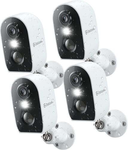 GALAYOU 2K Battery Powered WiFi Surveillance Indoor/Outdoor, Security Cameras with Motion Siren, Color Night Vision Waterproof, Cloud/SD Storage 2.4Ghz WiFi, 4 Pack - Lot 1038