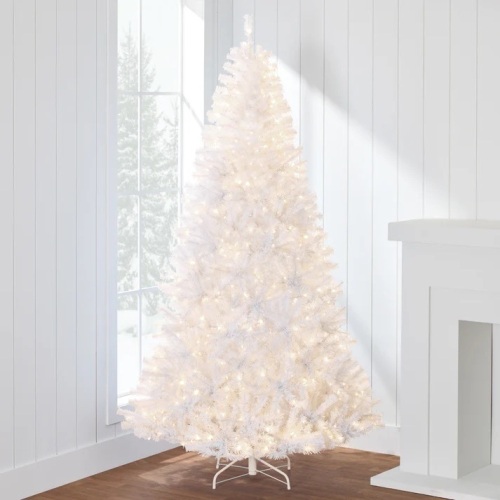 Pre-Lit Hinged Artificial White Pine Christmas Tree w/ Lights, Metal Stand 6ft - Lot 7024