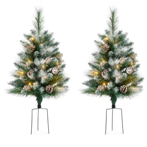 Set of 2 Pre-Lit Pathway Christmas Trees w/ Pine Cones, Timer - 24.5in - Lot 7123