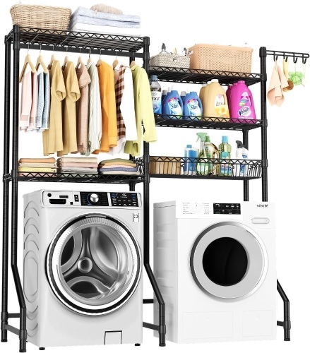 Over Washer and Dryer Shelves,Heavy Duty Laundry Room Storage Organization Clothes Drying Rack,5 Tier Adjustable Height Wire Shelving and Wire Basket with Hanger Rod&Hook,Space Saving Shelf - Lot 7318
