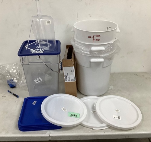 Choice Set of 3 22 Qt. White Round Polypropylene Food Storage Container and Ice Container with Scooper - Lot 7319