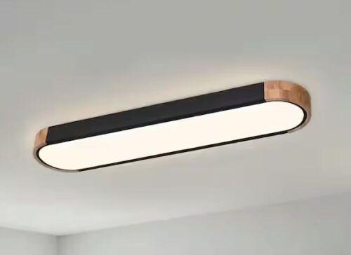 HUOKU Lumin 38 in. W 1-Light Black and Wood Integrated LED Flush Mount Minimalist Long Oval Ceiling Light - Lot 175