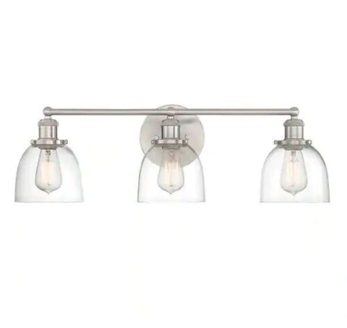  Home Decorators Collection Evelyn 26.75 in. 3-Light Brushed Nickel Industrial Vanity with Clear Glass Shades - Lot 276
