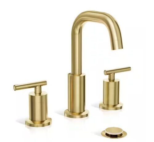 Phiestina 8 in. Wide spread 2-Handle Bathroom Faucet with Valve and Metal Pop-Up Drain, Brushed Gold  - Lot 311