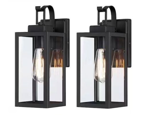 Hukoro 13 in. H 1-Light Matte Black Hardwired Outdoor Wall Lantern Sconce, 2-Pack - Lot 475