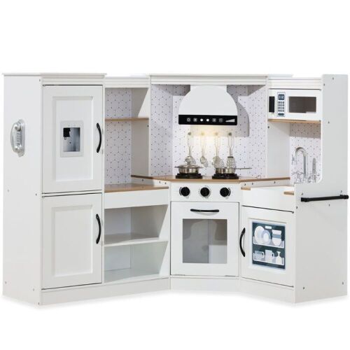 Pretend Play Corner Kitchen Wooden Toy Set for Kids w/ Lights, Sounds - Lot 798