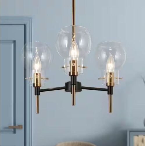 Zevni 3-Light Brass Gold Round Chandelier Lighting, Globe Clear Glass  - Lot 876