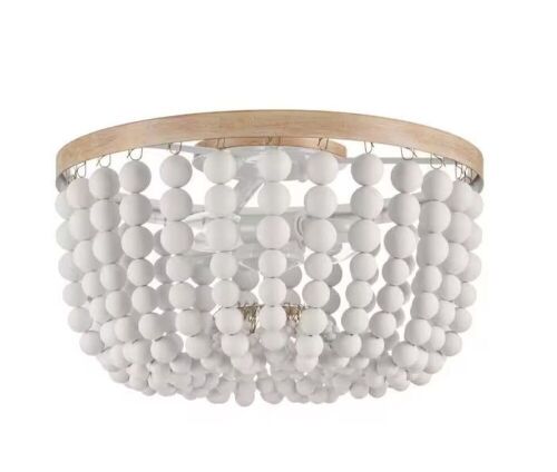 Lot of (2) Hampton Bay Cayman 13 in. 2-Light White and Faux Wood Beaded Flush Mount Ceiling Light Fixture with White Beaded Shade - Lot 142
